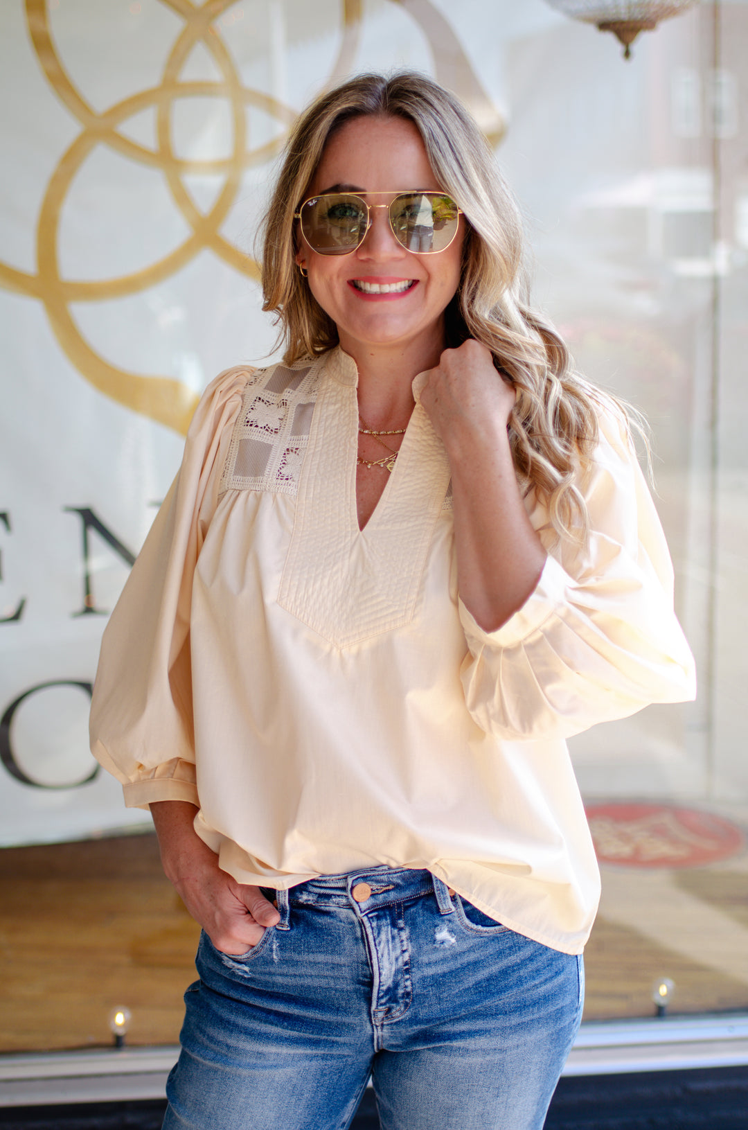 Out for Brunch Crochet Lace Detailed V-Neck 3/4 Sleeve Blouse in Cream