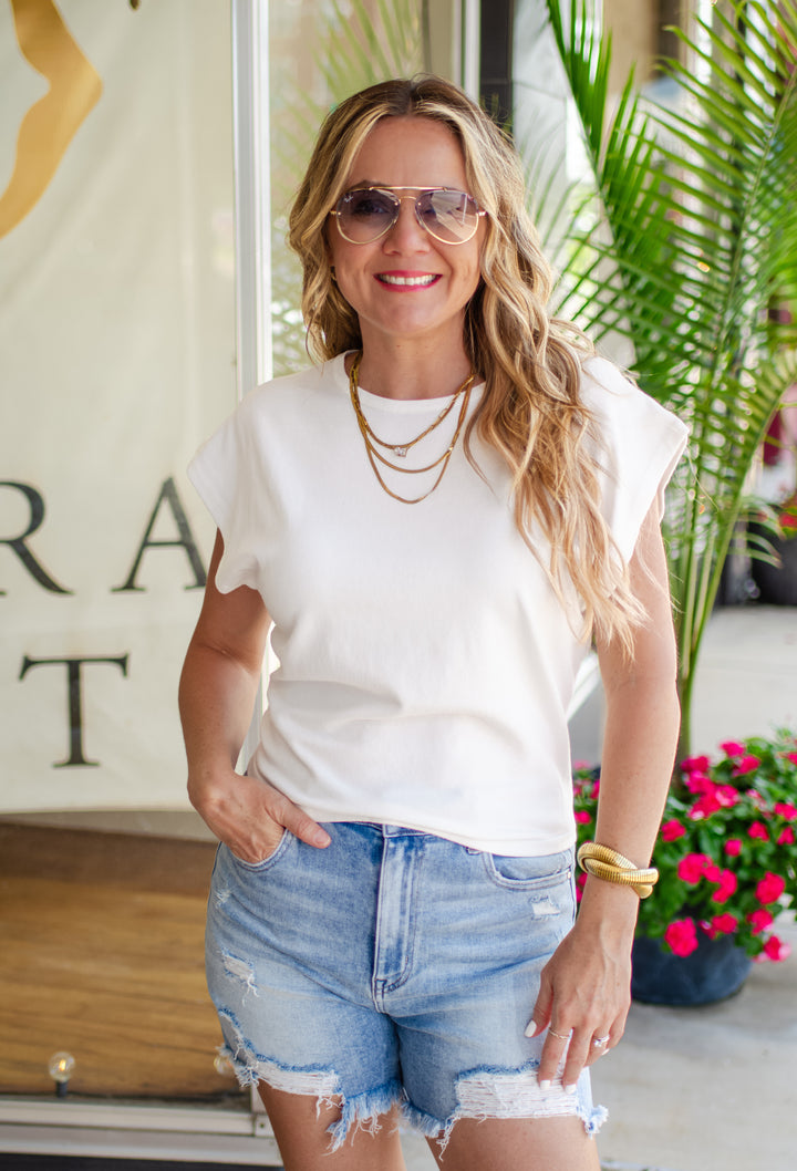 Always Yours Soft Knit Round Neck Cap Sleeve Top in Cream