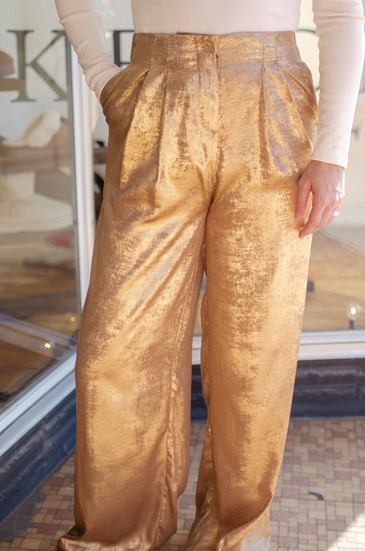 Metallic Moments Wide Leg Front Pleated Pants in Gold Metallic