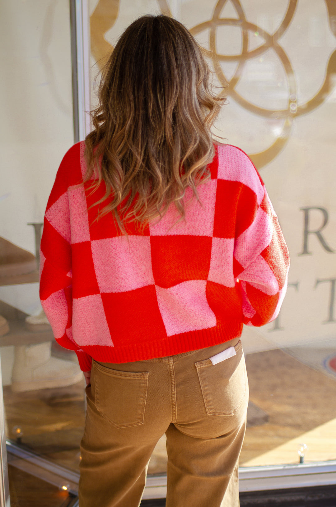 Check You Out Knit Checked Sweater Top in Pink & Orange Mix