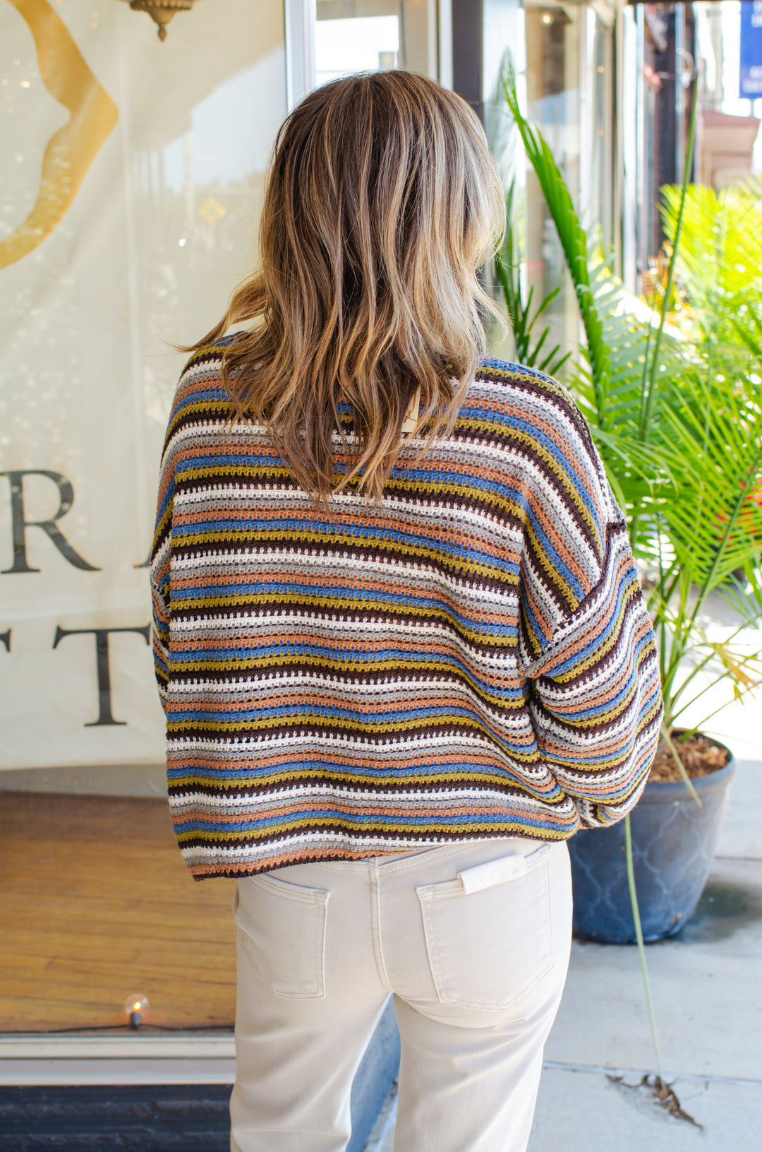 Retro Stripe Knit Round Neckline Sweater Top on Chocolate Brown Mix