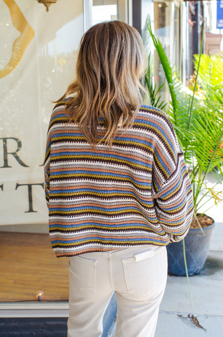 Retro Stripe Knit Round Neckline Sweater Top on Chocolate Brown Mix
