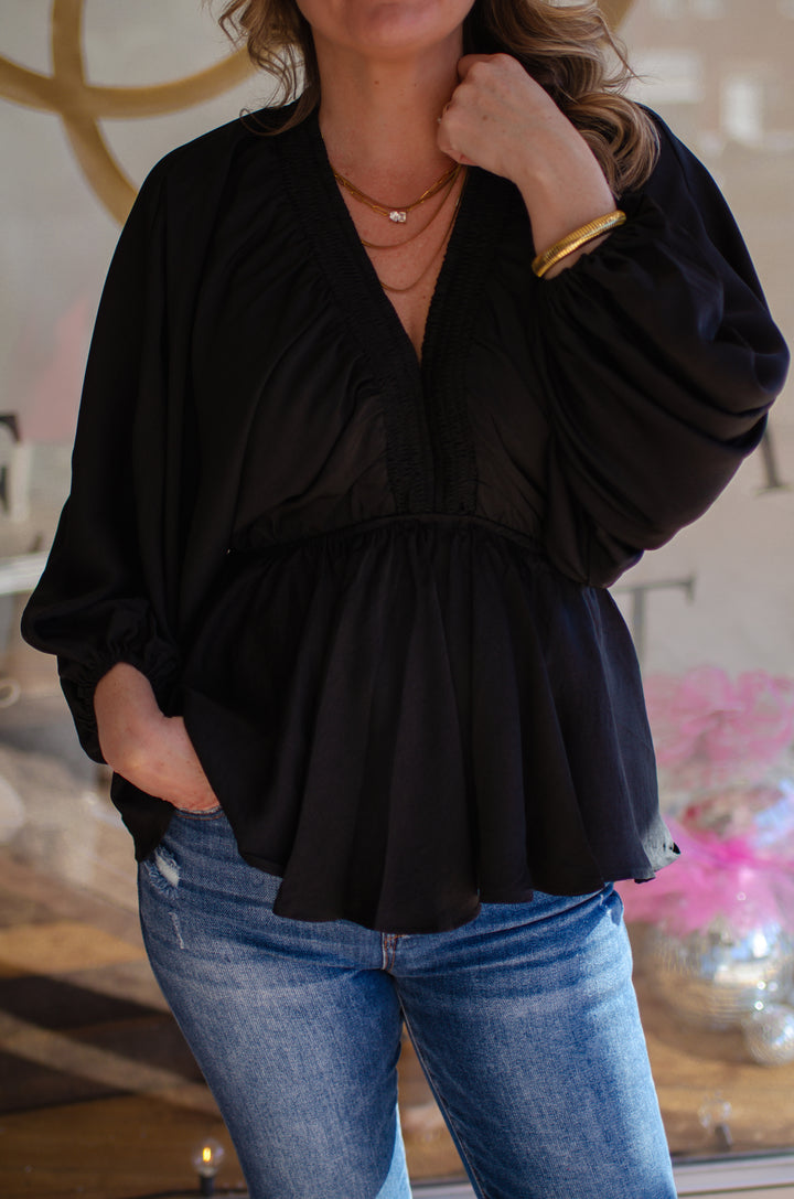 Pure Heart V-Neck Satin Kimono Sleeve Top in Black