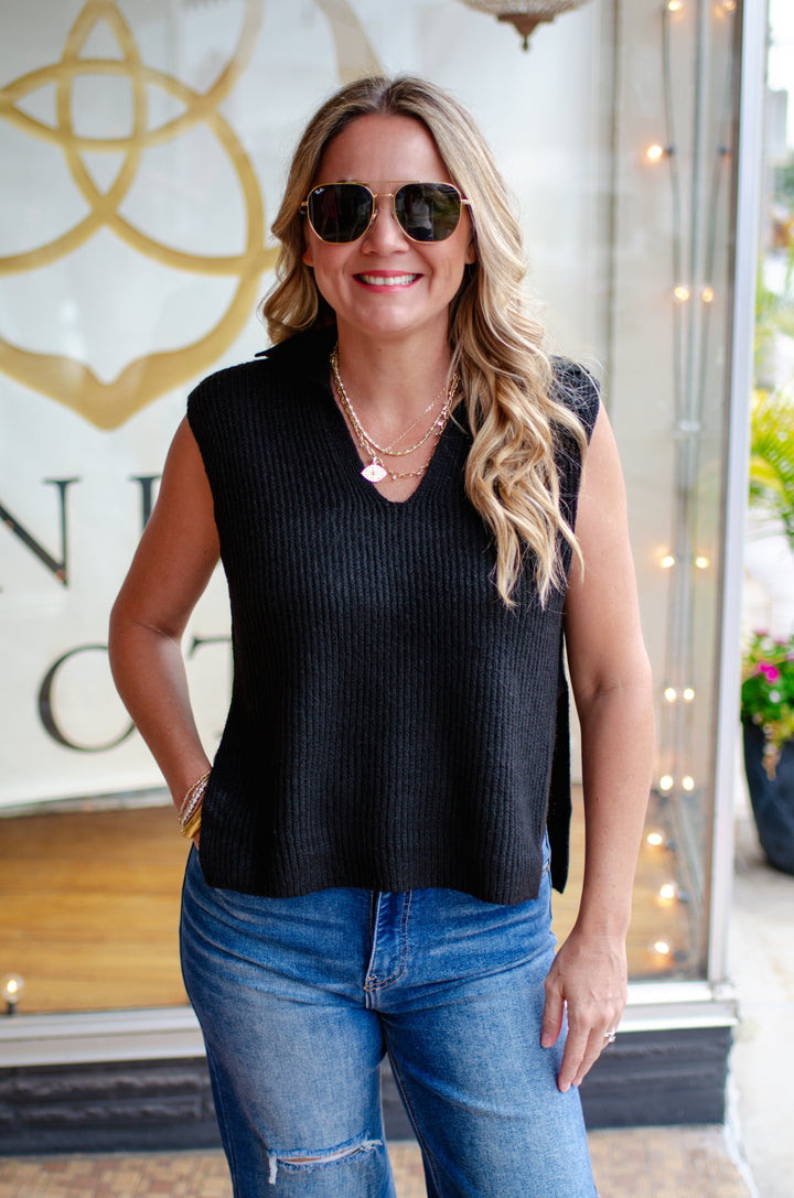 Perfect Knit Sleeveless Collared Sweater Top with a V-Neckline in Black