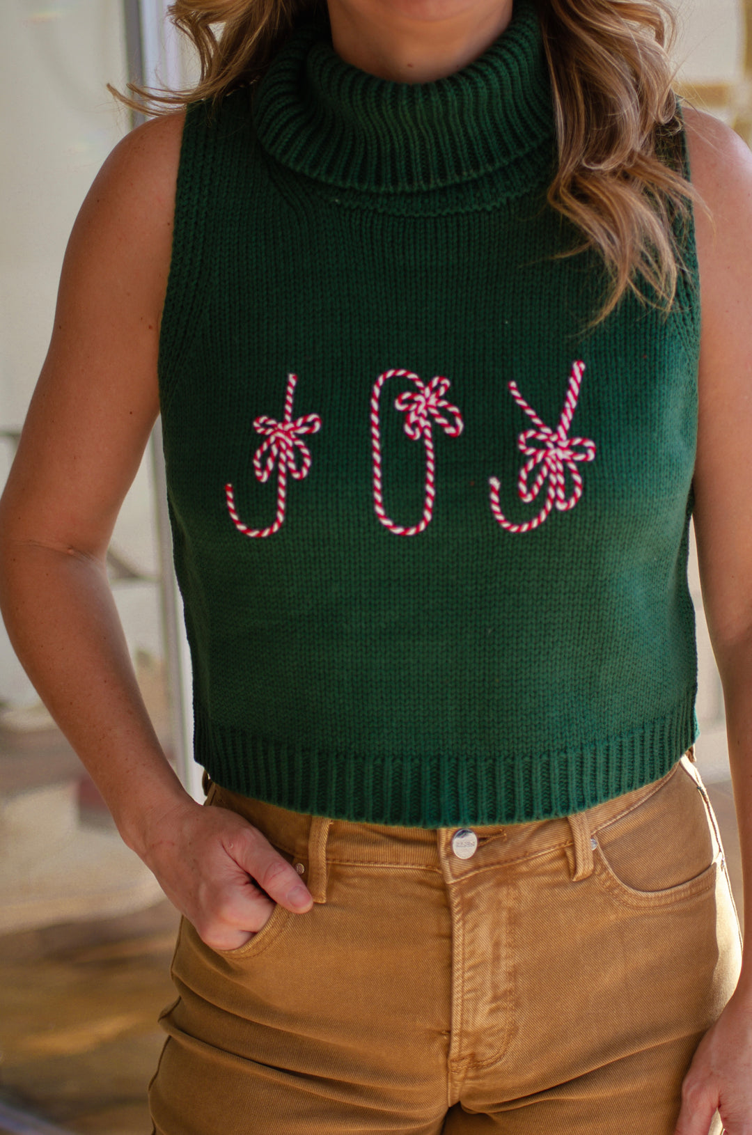 Joy Novelty Knit Turtle Neckline Cropped Sweater in Green