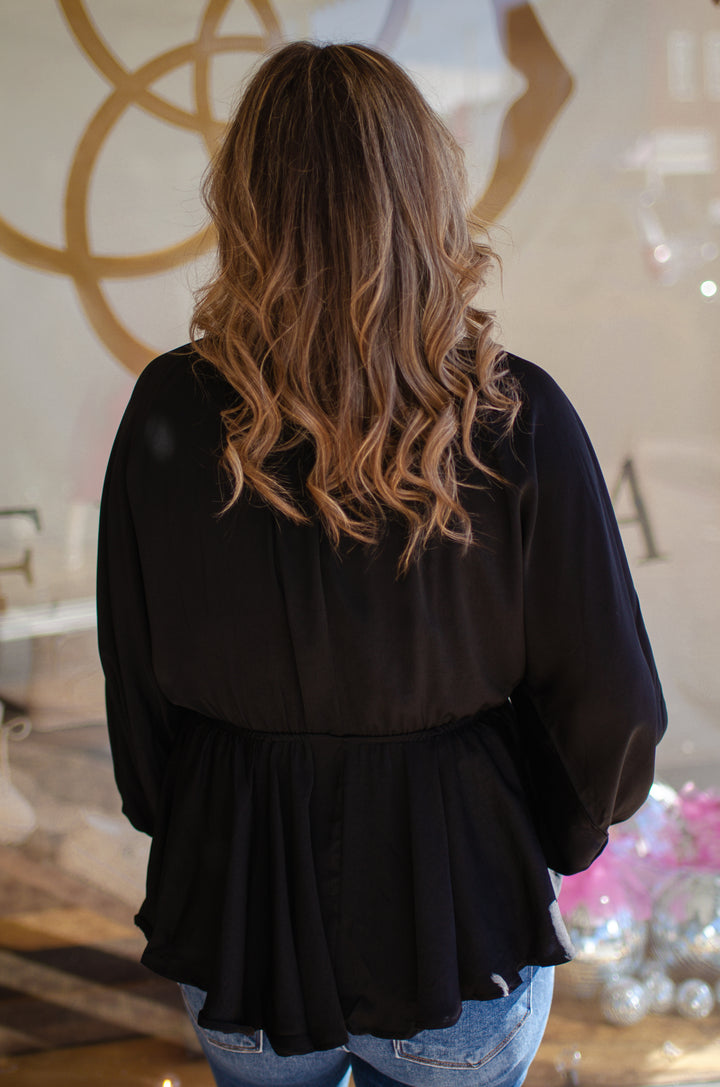 Pure Heart V-Neck Satin Kimono Sleeve Top in Black