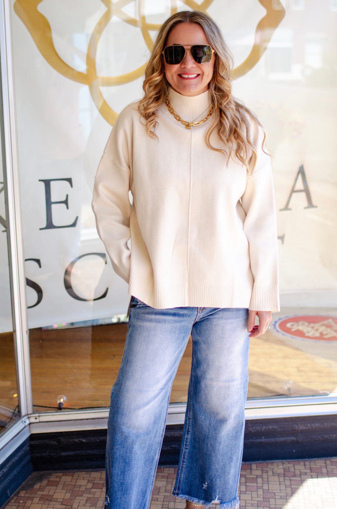 True To You Mock Neckline Straight Cut Sweater in Cream