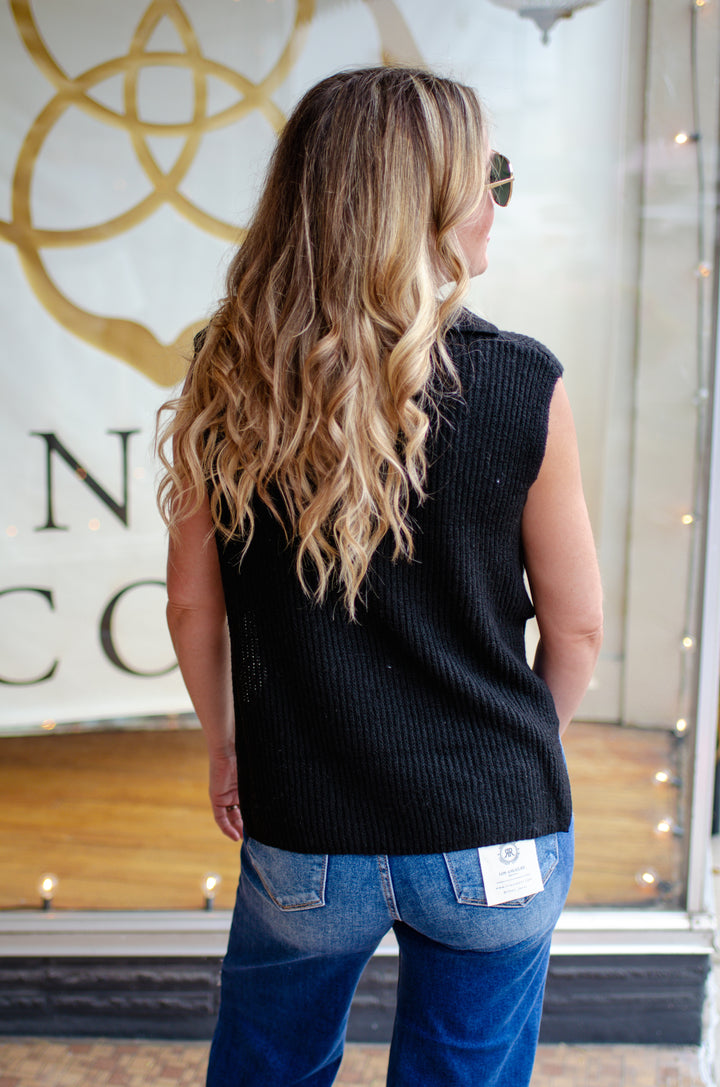 Perfect Knit Sleeveless Collared Sweater Top with a V-Neckline in Black