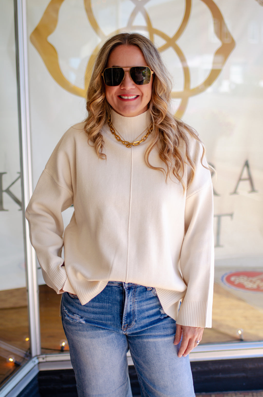 True To You Mock Neckline Straight Cut Sweater in Cream