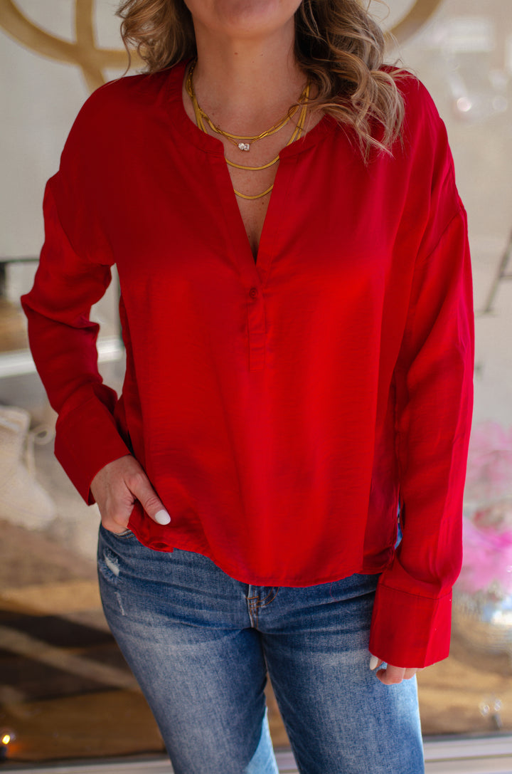 Bright Moment Red Satin V-Neck Long Sleeve Blouse