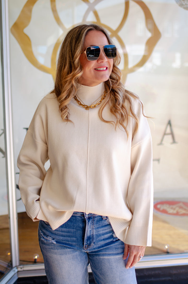 True To You Mock Neckline Straight Cut Sweater in Cream