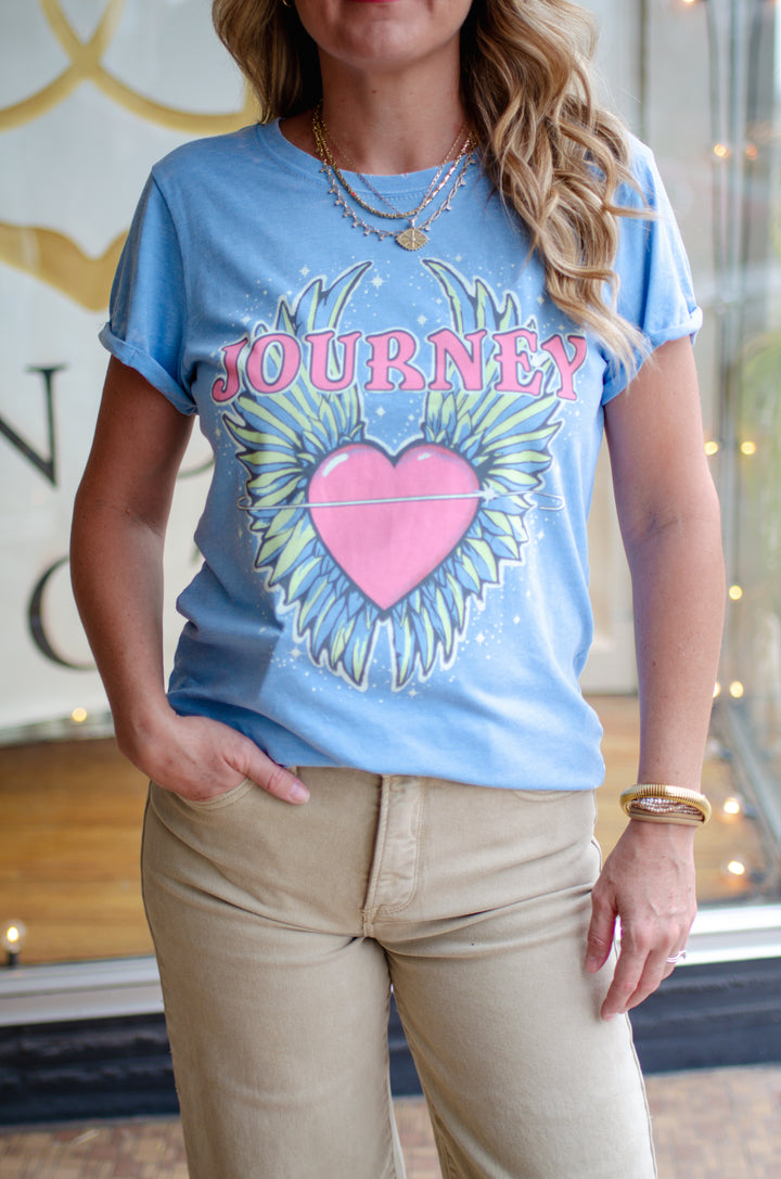 Journey Don't Stop Believin' Burn Out Tee in Washed Denim