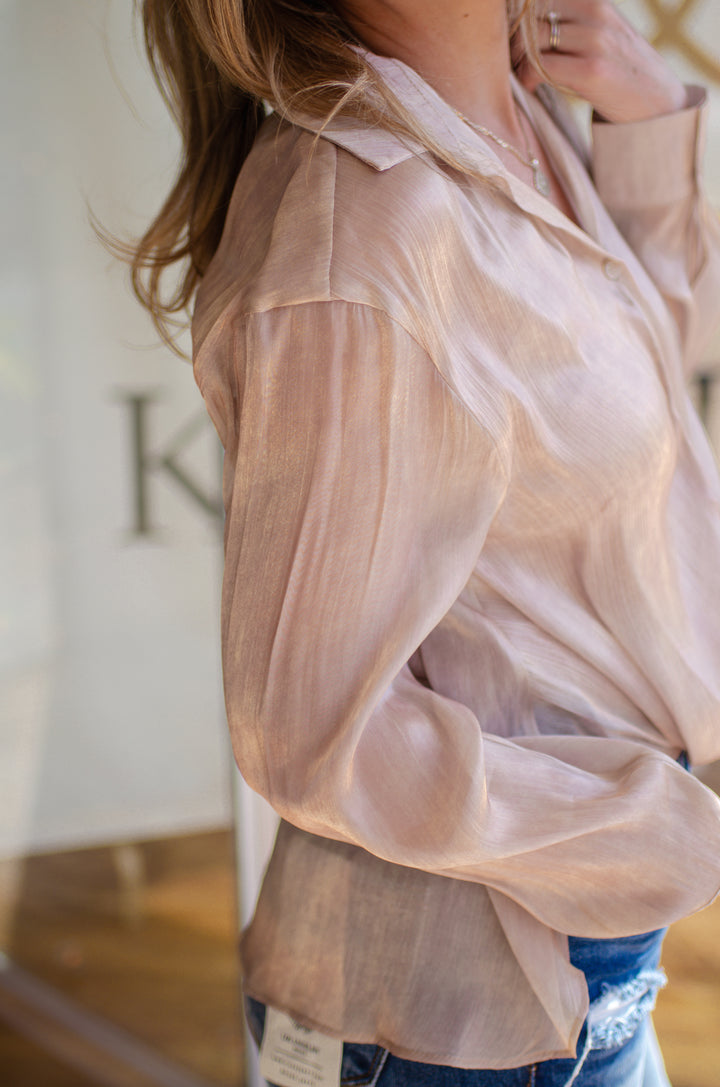 Glam Nights Button Down Knotted Sheer Satin Shirt in Champagne