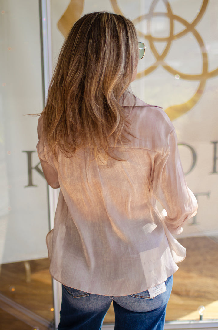 Glam Nights Button Down Knotted Sheer Satin Shirt in Champagne