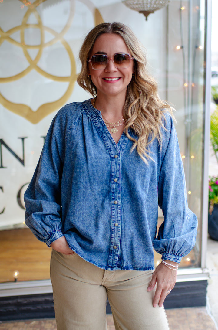 Indigo Dreams Denim Button Down Long sleeve Top