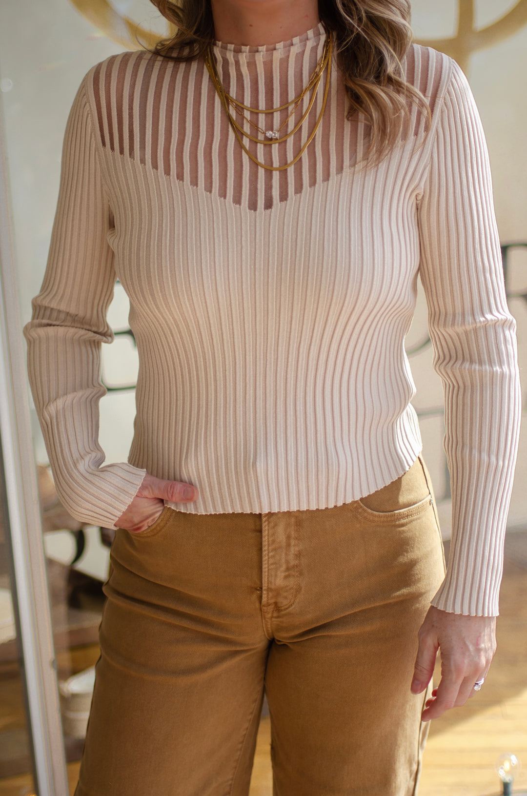 Making Moves Sheer Sweetheart Knit Long Sleeve Top in Taupe