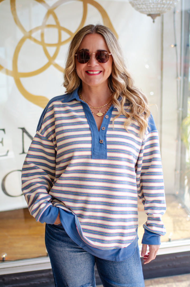 Bring It Back Casual Oversized Stripe Knit Collared Top in Denim Blue