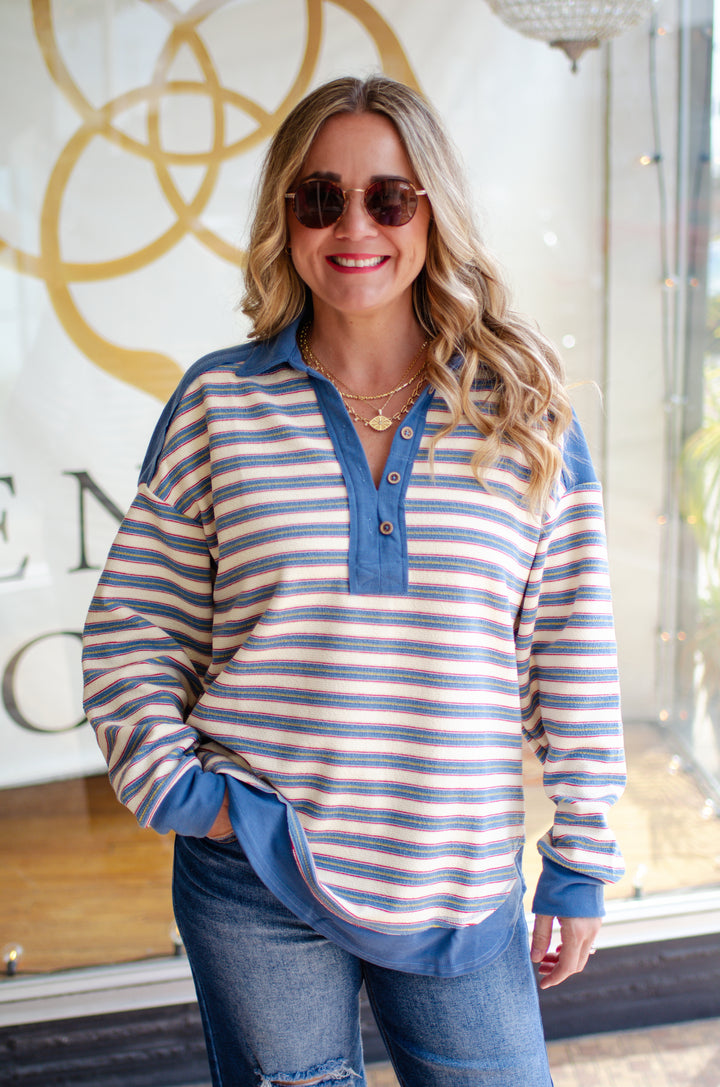 Bring It Back Casual Oversized Stripe Knit Collared Top in Denim Blue