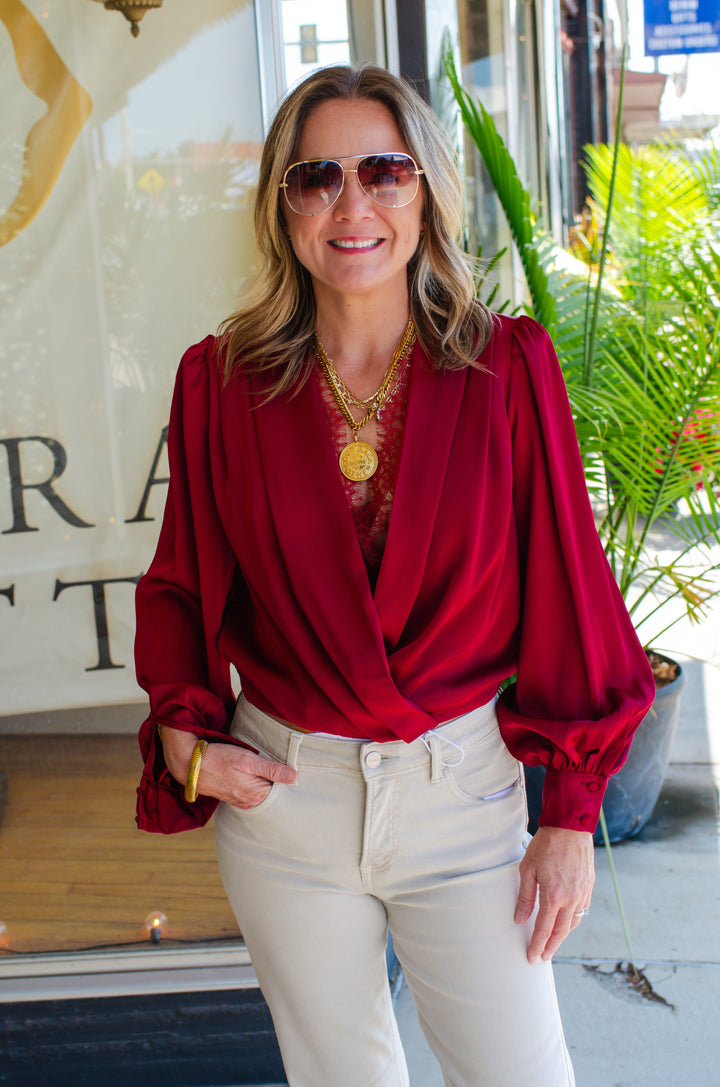 Romantic At Heart Wine Satin & Lace Long Sleeve Blouse in Wine