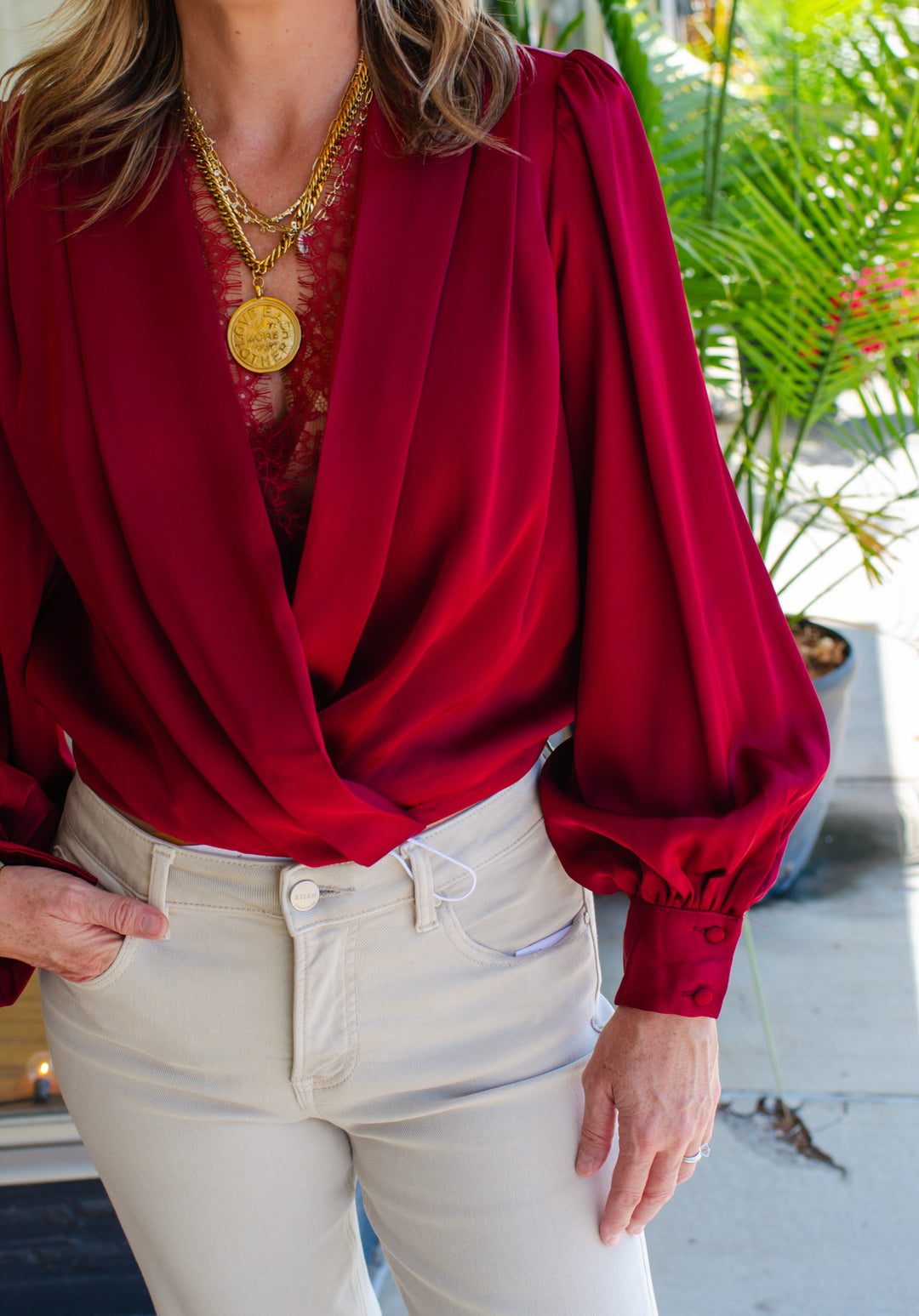 Romantic At Heart Wine Satin & Lace Long Sleeve Blouse in Wine
