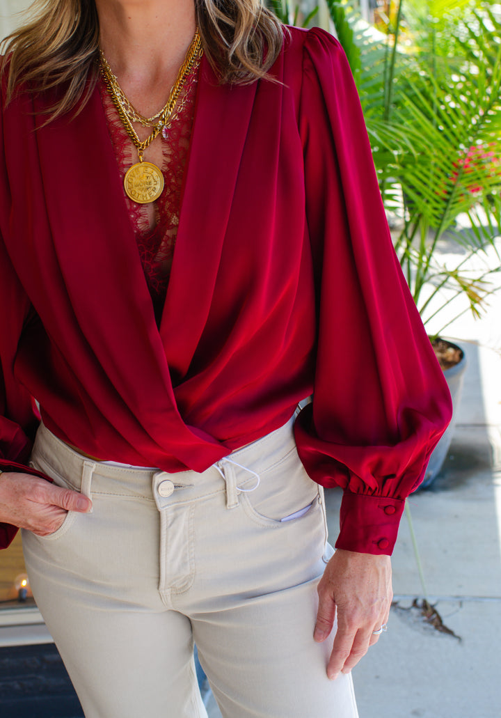 Romantic At Heart Wine Satin & Lace Long Sleeve Blouse in Wine