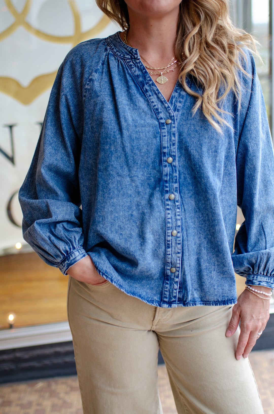 Indigo Dreams Denim Button Down Long sleeve Top