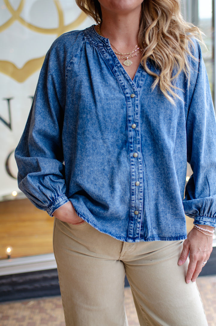 Indigo Dreams Denim Button Down Long sleeve Top