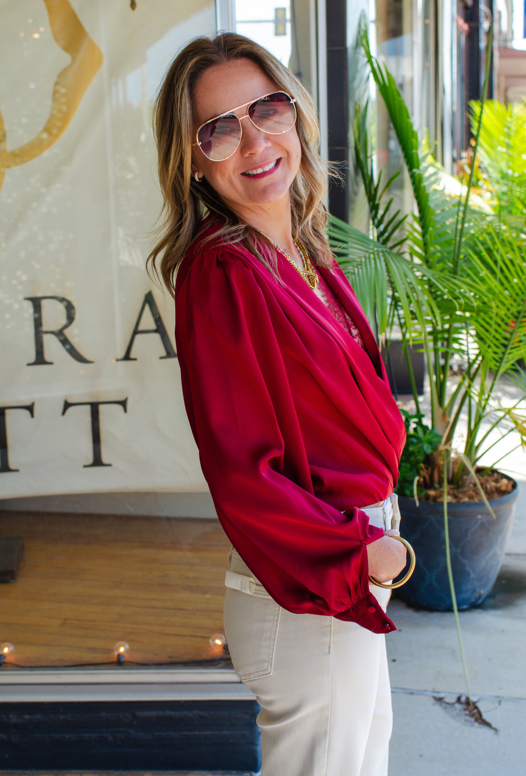Romantic At Heart Wine Satin & Lace Long Sleeve Blouse in Wine