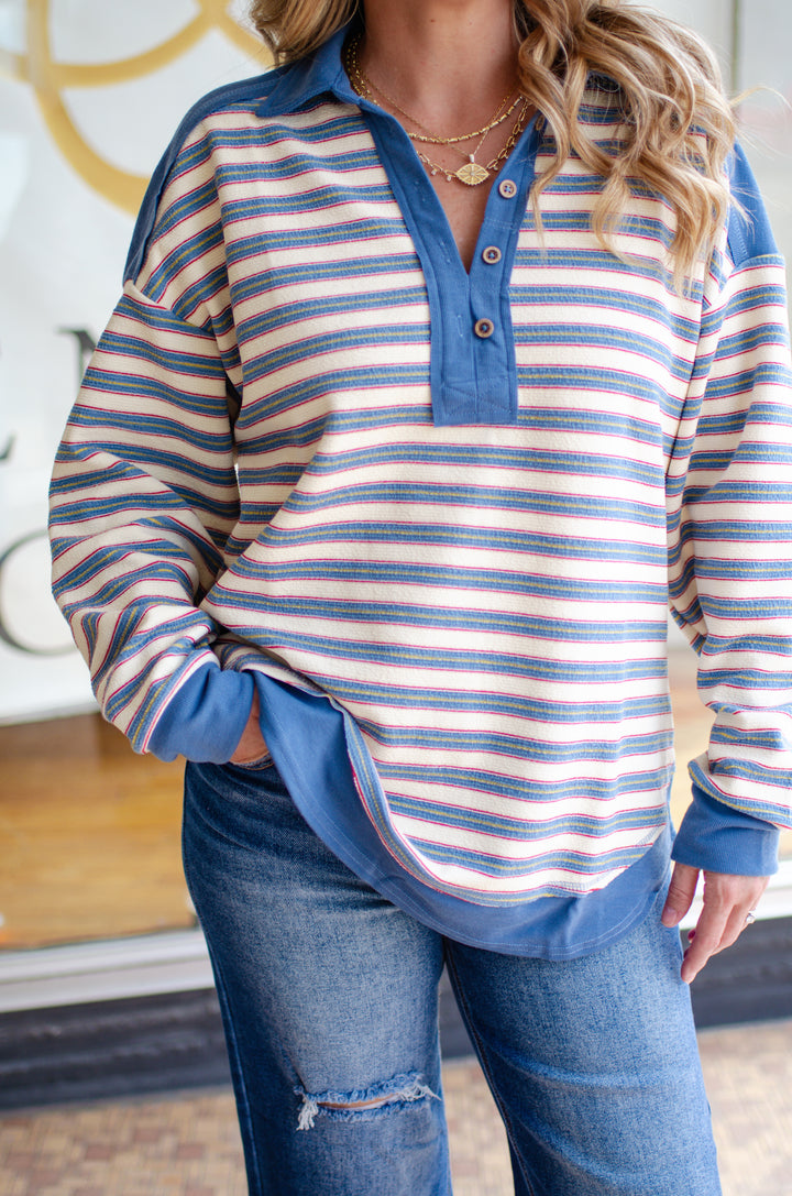 Bring It Back Casual Oversized Stripe Knit Collared Top in Denim Blue