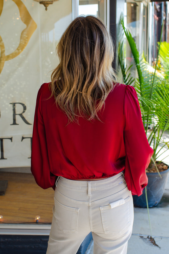 Romantic At Heart Wine Satin & Lace Long Sleeve Blouse in Wine