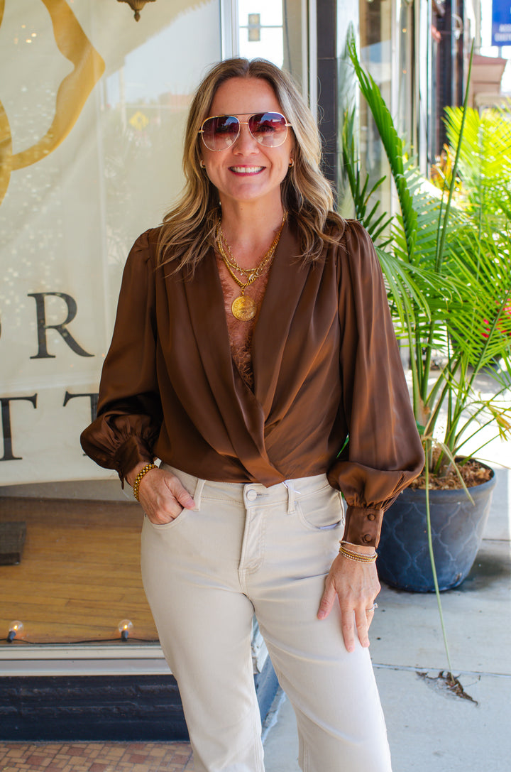 Romantic At Heart Wine Satin & Lace Long Sleeve Blouse in Chocolate Brown