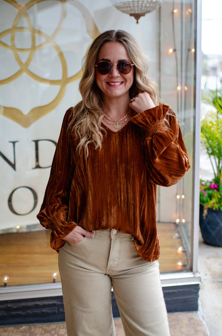 Velvet Dreams V-Neck Top in Toffee