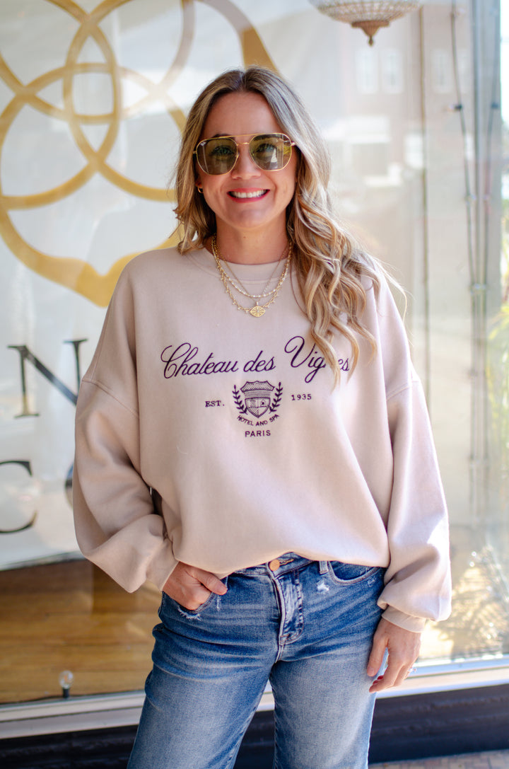 Paris Embroidered Taupe Sweatshirt