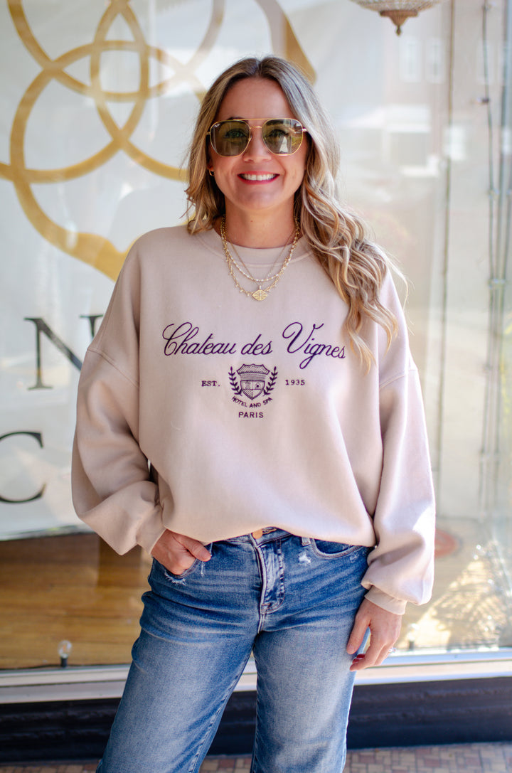 Paris Embroidered Taupe Sweatshirt