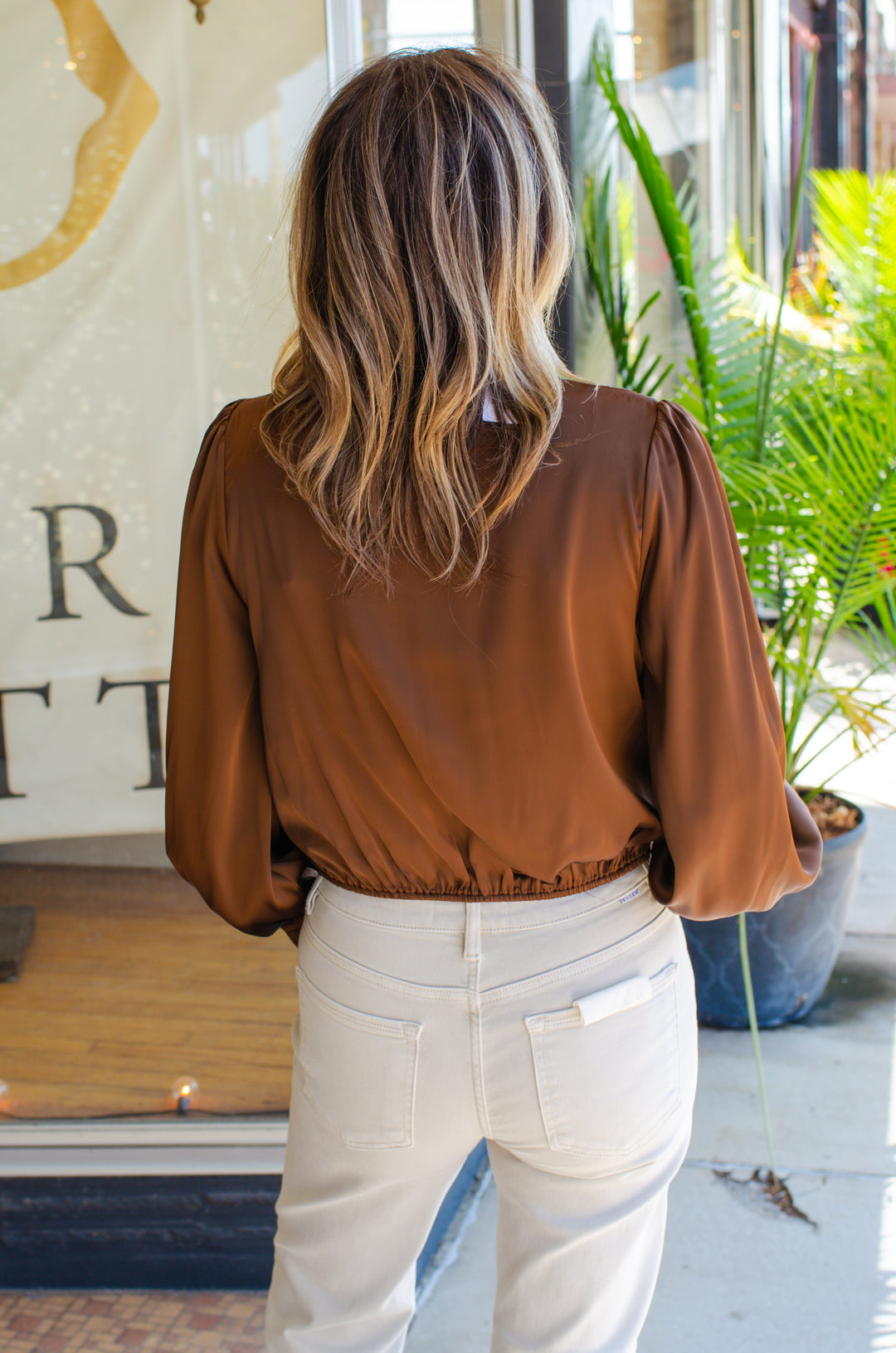 Romantic At Heart Wine Satin & Lace Long Sleeve Blouse in Chocolate Brown