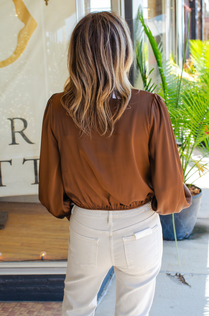 Romantic At Heart Wine Satin & Lace Long Sleeve Blouse in Chocolate Brown