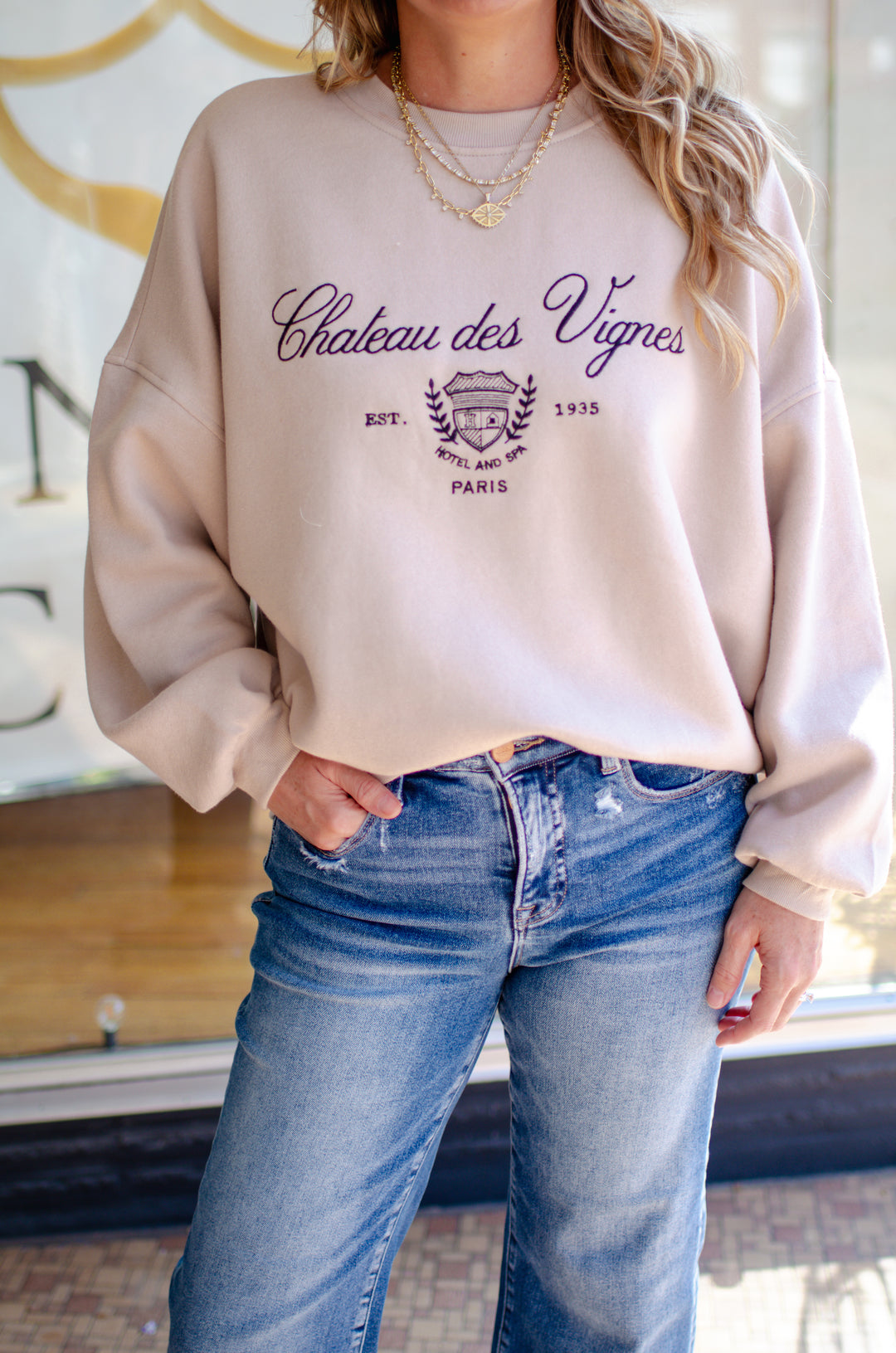 Paris Embroidered Taupe Sweatshirt