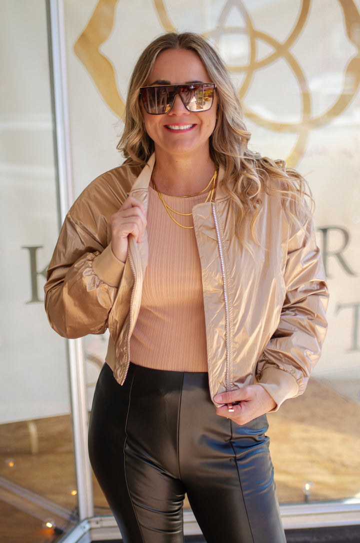 Glamorous Metallic Zip Up Crop Bomber Jacket in Champagne