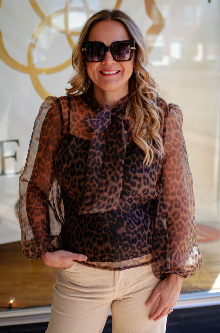 Wild Side Leopard Tie Neck Sheer Blouse