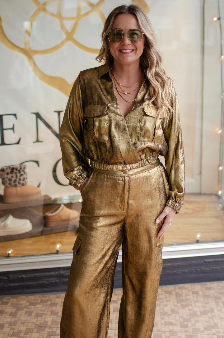 Cross Your Heart Metallic Pocket Cross Front Top in Gold