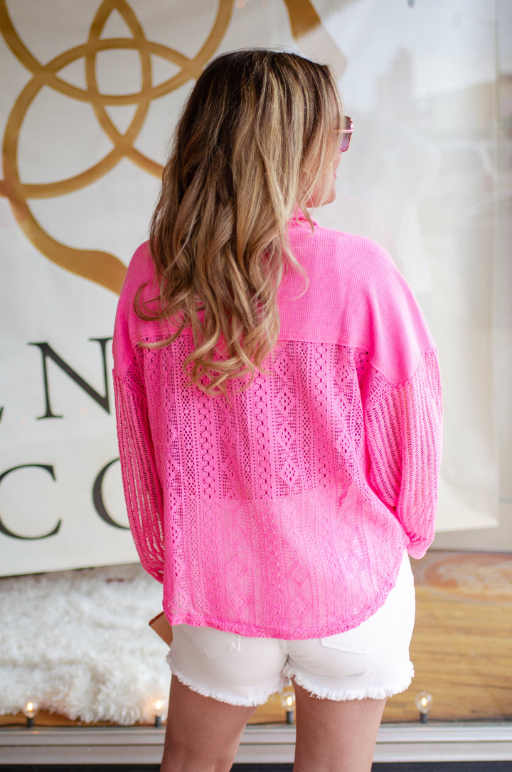 Looking Back Crochet Button Down Top in Pink