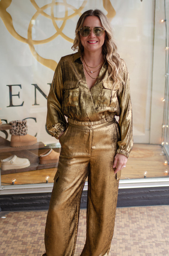 Cross Your Heart Metallic Gold Straight Leg Cargo Pant