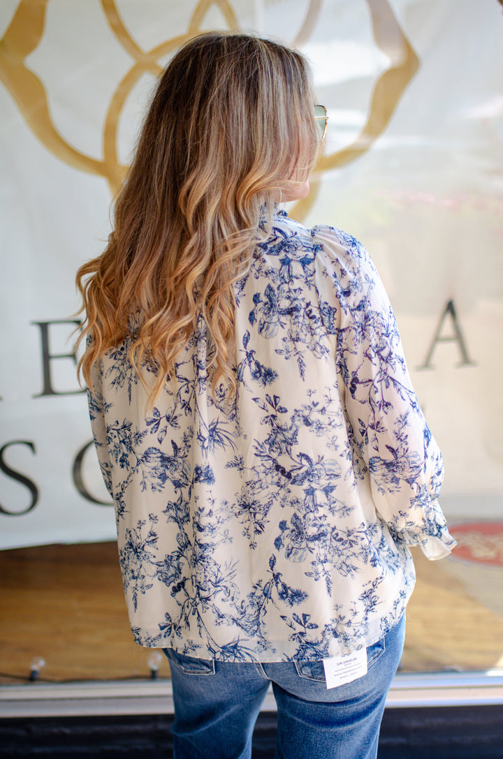 French Toile V-Neck Long Sleeve Button Down Top