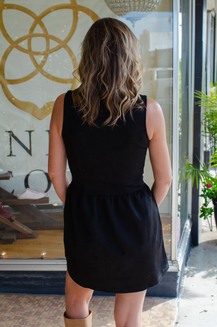 Chic Suede Corset Bask Waistline Dress in Black