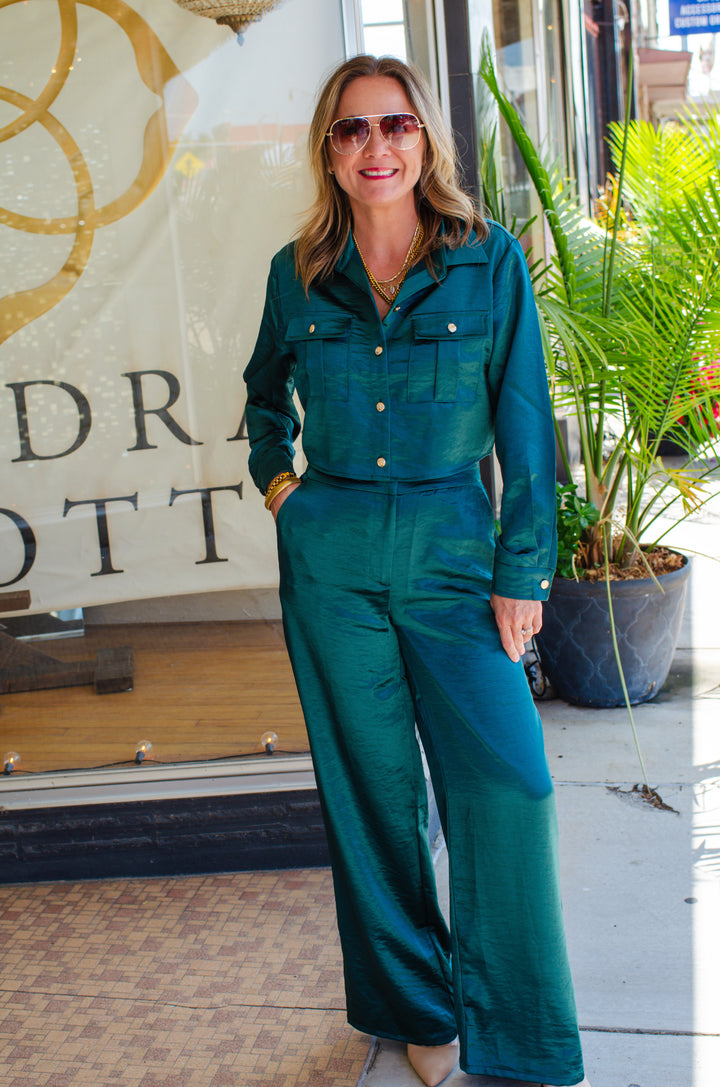 At First Glance Satin High Rise Wide Leg Pant in Deep Emerald