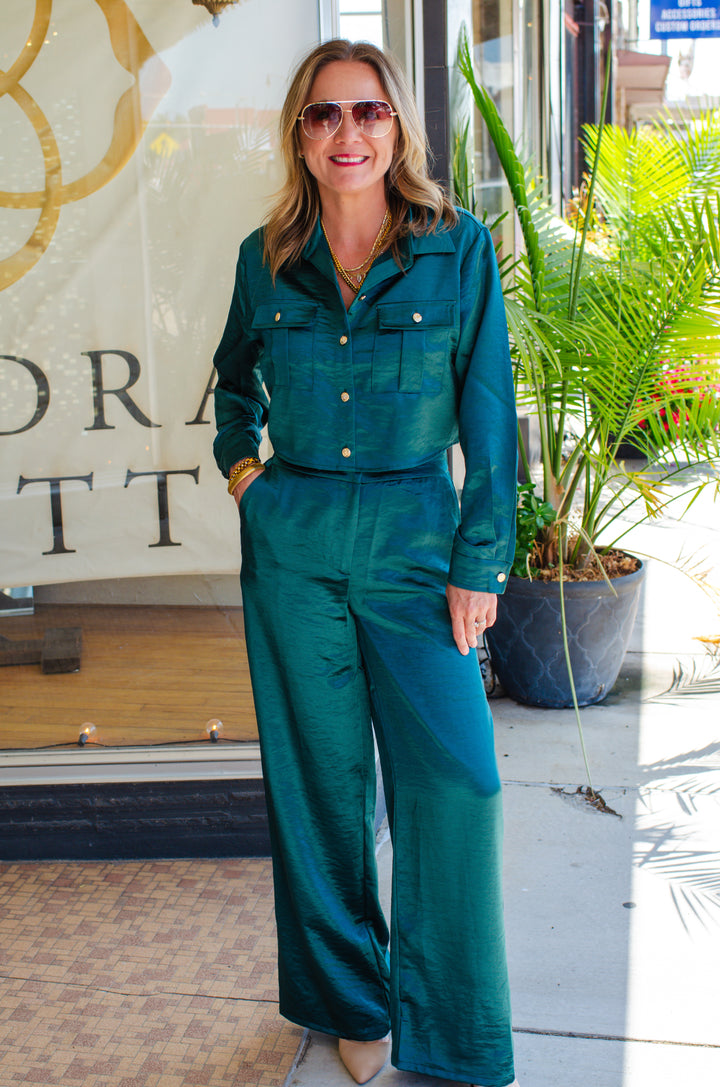 At First Glance Satin Long Sleeve Pocket Front Top in Deep Emerald