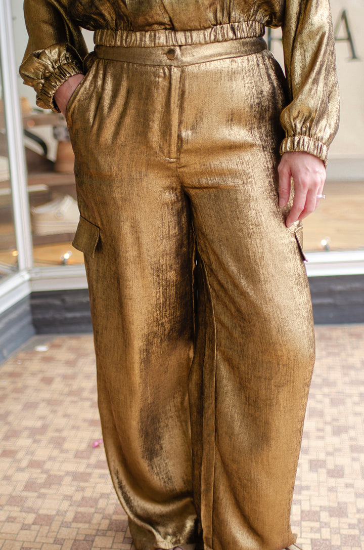 Cross Your Heart Metallic Gold Straight Leg Cargo Pant