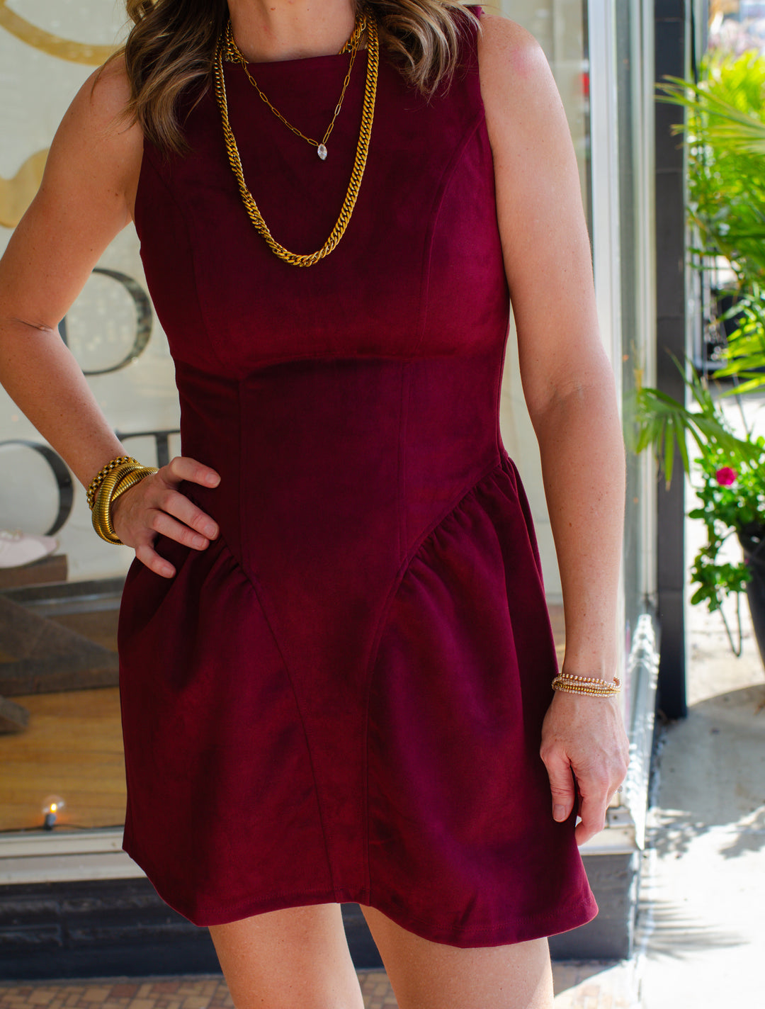 Chic Suede Corset Bask Waistline Dress in Wine