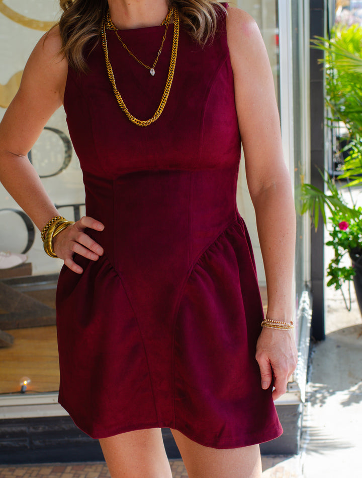 Chic Suede Corset Bask Waistline Dress in Wine
