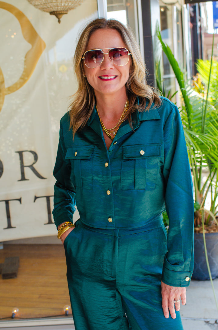 At First Glance Satin Long Sleeve Pocket Front Top in Deep Emerald